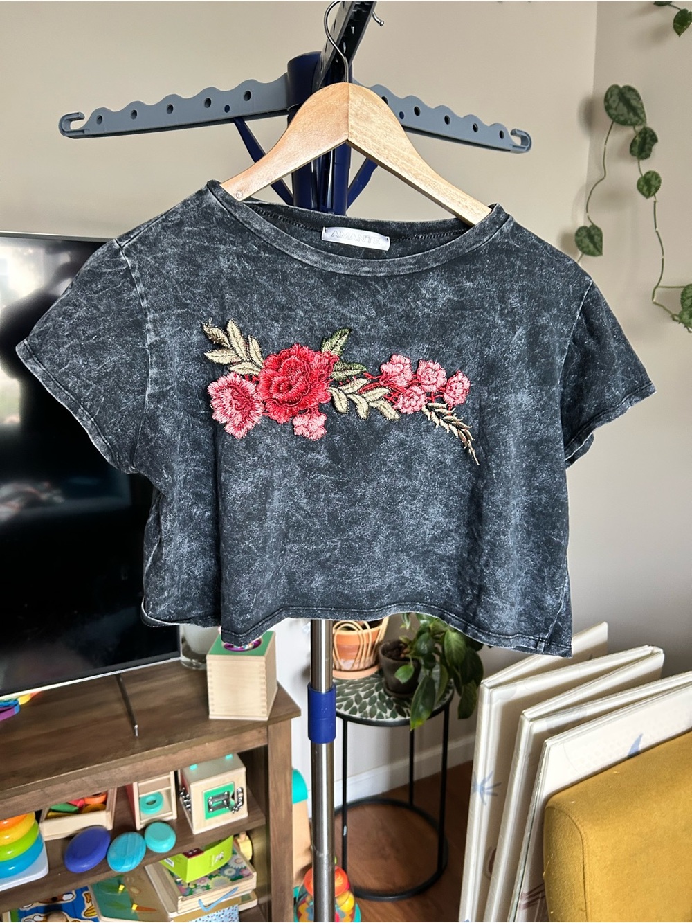 Women's Black acid Washed Crop Top with Red Rose Embroidery